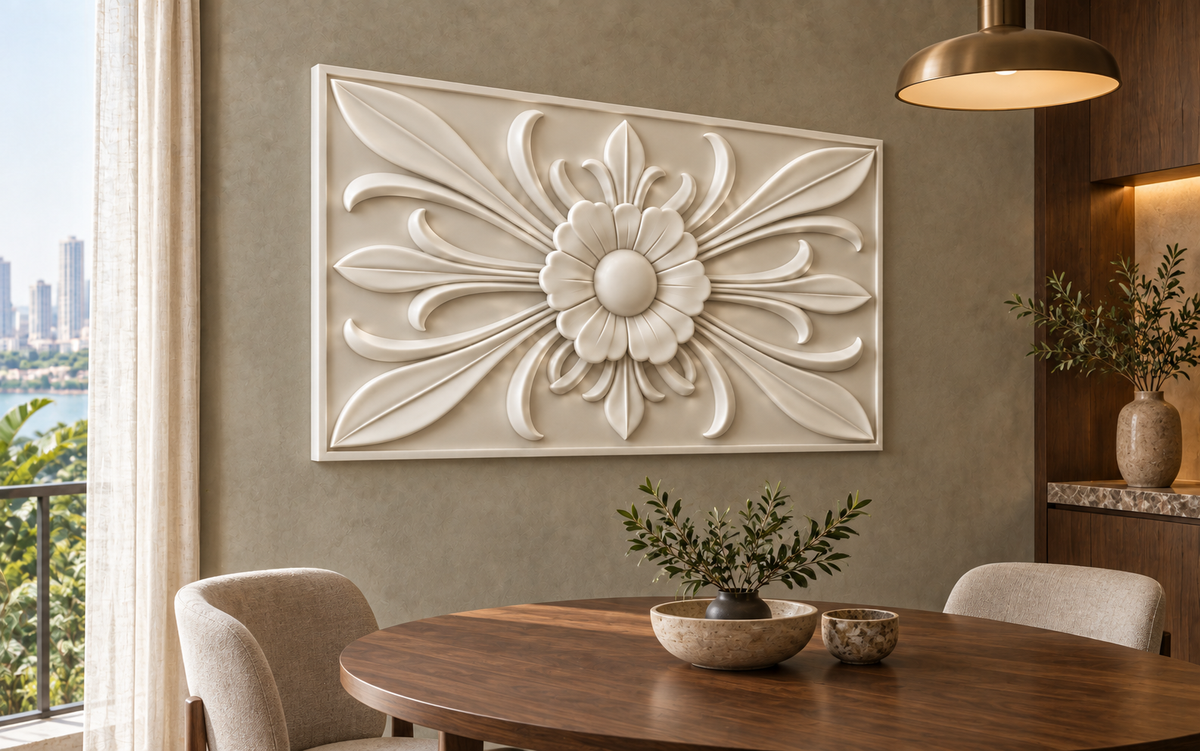 Petal Compass Relief Corian wall panel, 4 x 2.5 ft, left view in a Bandra dining nook