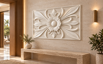 Petal Compass Relief Corian wall panel, 4 x 2.5 ft, right view in a Juhu entrance wall