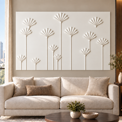 Pleated Fan Stem Garden Corian wall panel, 4 x 2.5 ft, front view in a Worli living-room seating wall