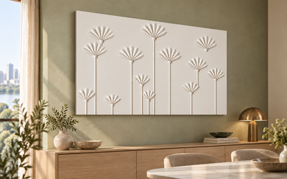 Pleated Fan Stem Garden Corian wall panel, 4 x 2.5 ft, left view in a Powai dining sideboard wall