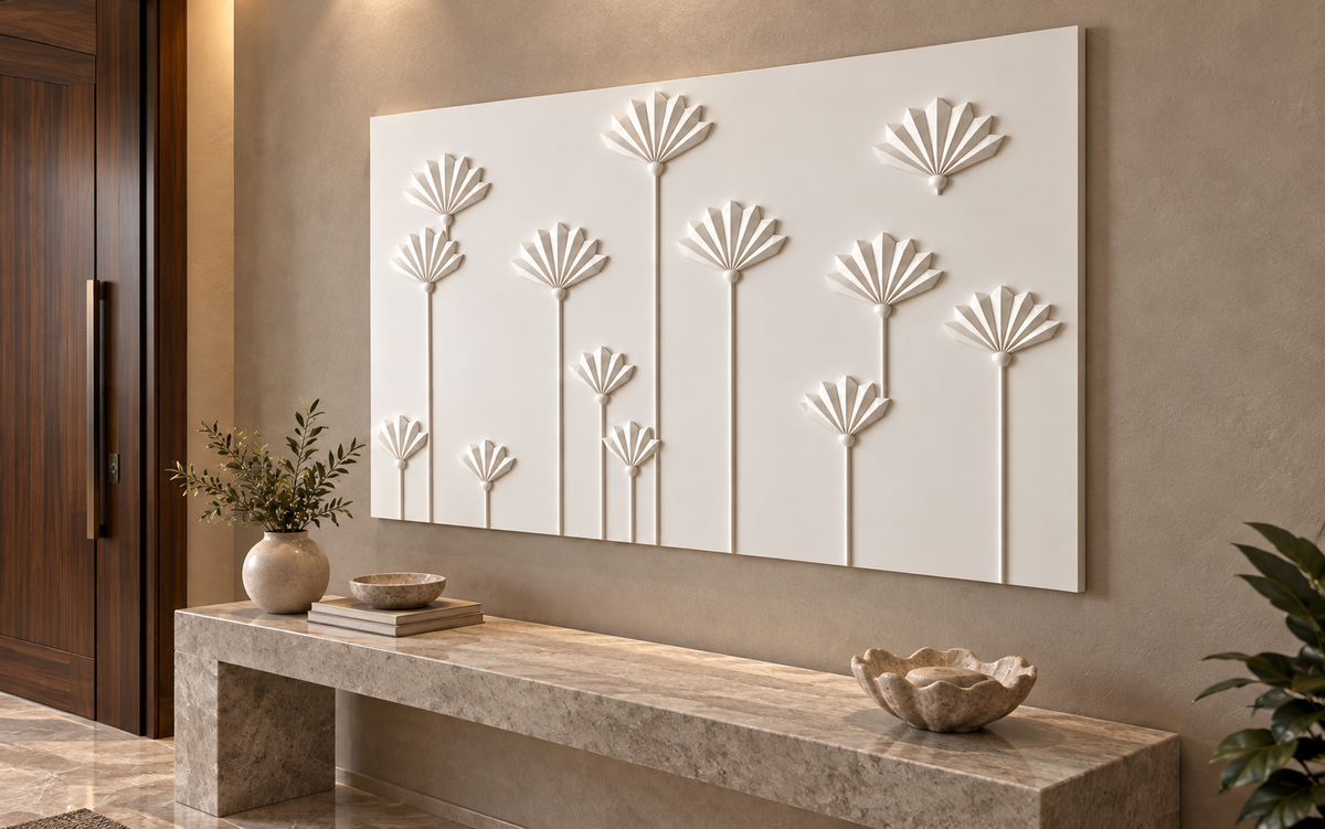 Pleated Fan Stem Garden Corian wall panel, 4 x 2.5 ft, right view in a Bandra entry foyer