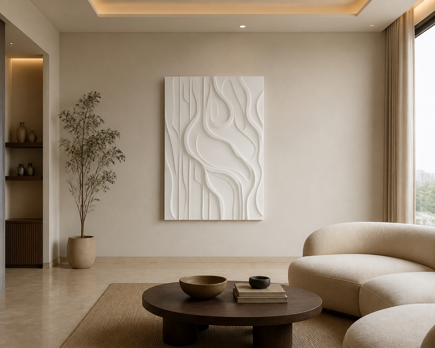 Reeded Rift white Corian wall panel front view in premium limestone Mumbai lounge