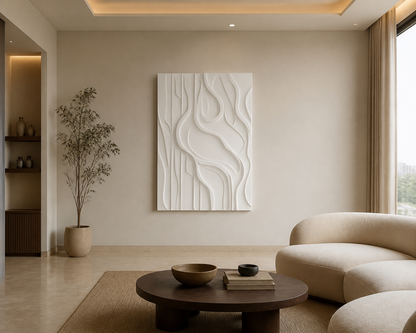 Reeded Rift white Corian wall panel front view in premium limestone Mumbai lounge