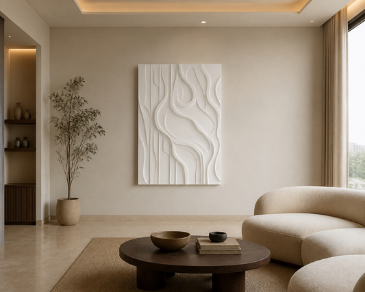 Reeded Rift white Corian wall panel front view in premium limestone Mumbai lounge