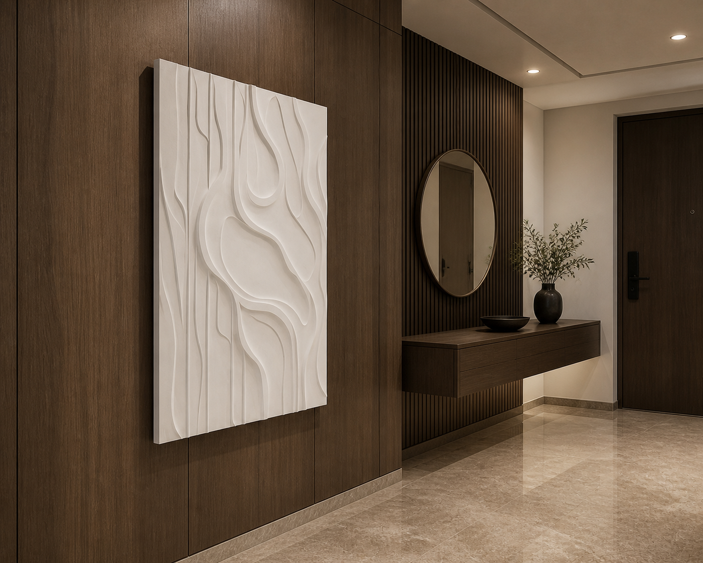 Reeded Rift white Corian wall panel left angle in walnut-panelled Mumbai entrance foyer