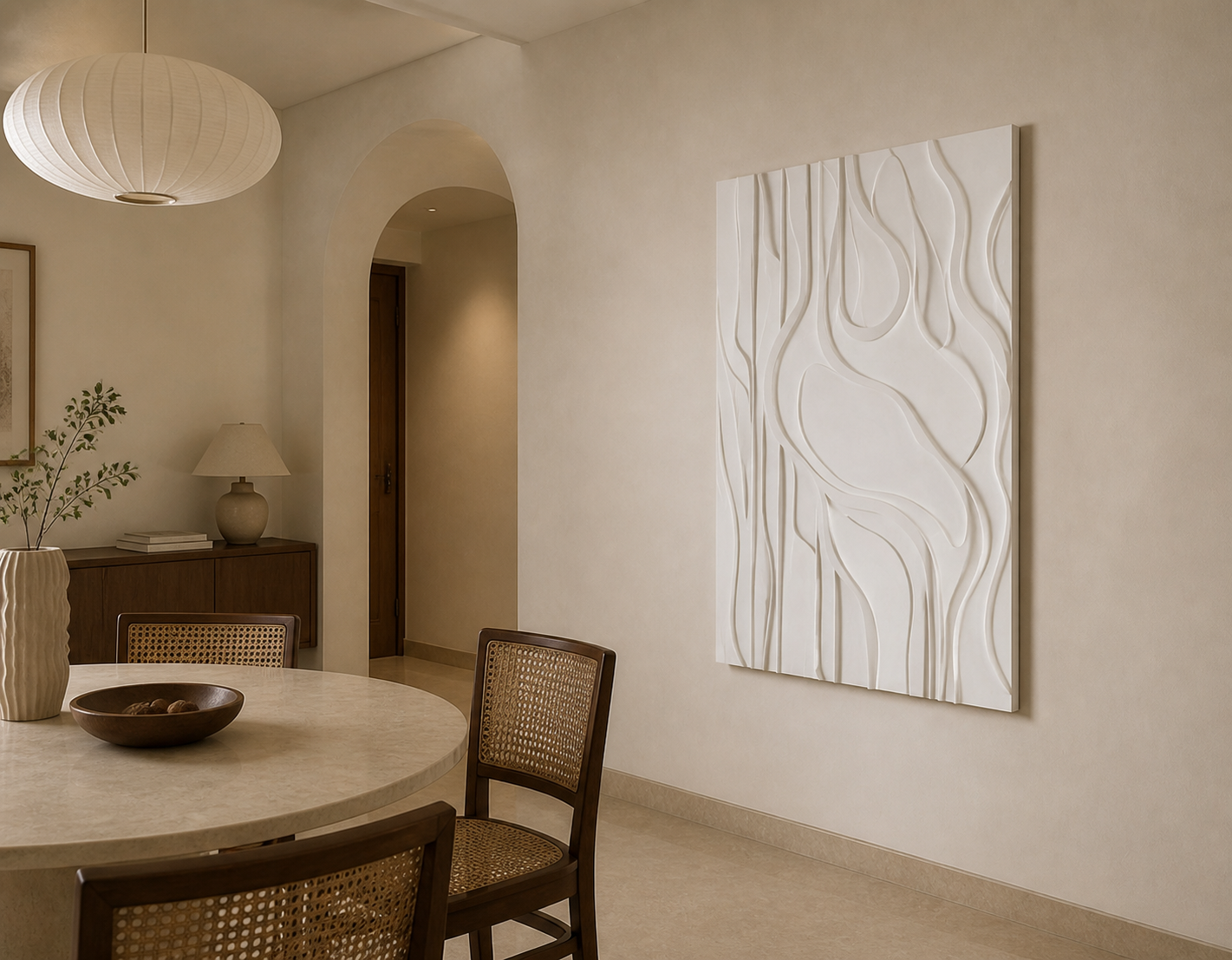 Reeded Rift white Corian wall panel right angle in cream Mumbai dining room
