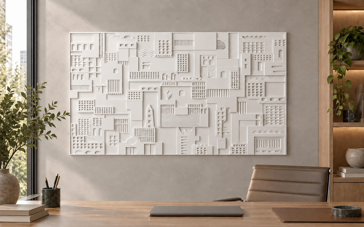 Architectural Grid Mosaic Corian wall panel, 4 x 2.5 ft, front view in a Bandra home office