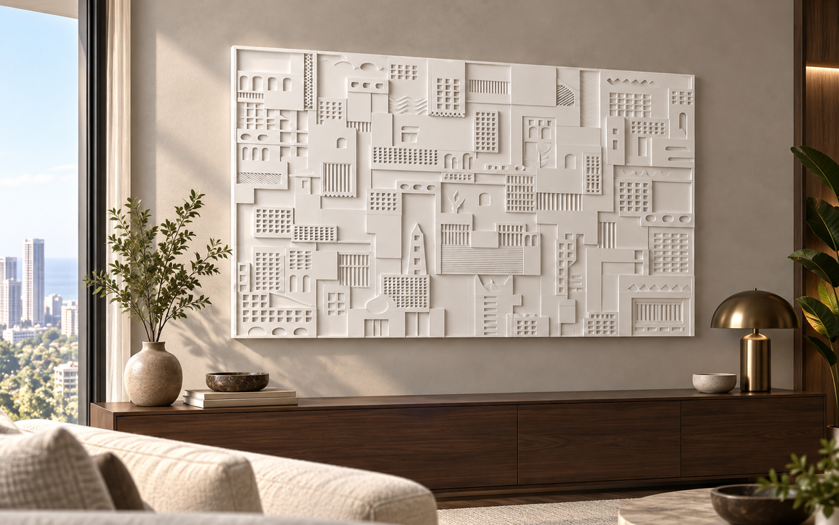 Architectural Grid Mosaic Corian wall panel, 4 x 2.5 ft, left view in a Worli living-room console wall