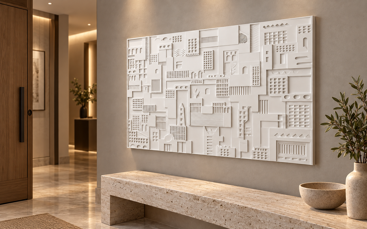Architectural Grid Mosaic Corian wall panel, 4 x 2.5 ft, right view in a Powai entry gallery