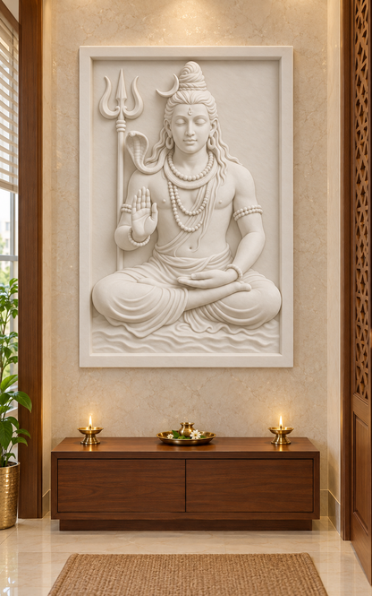 Shiva Serene Blessing Corian wall panel, 2.5 x 4 ft, front view in a Ghatkopar family pooja room