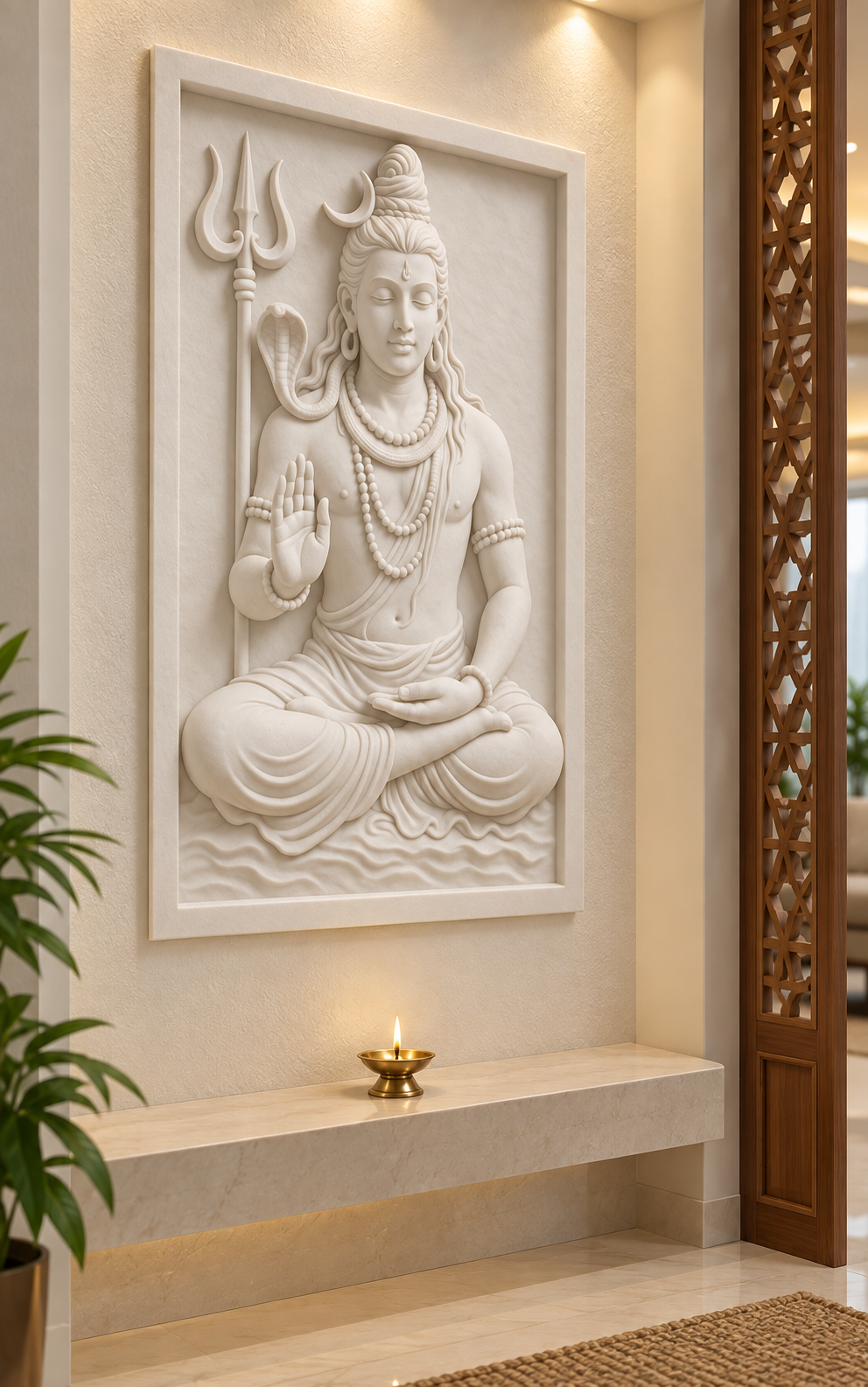 Shiva Serene Blessing Corian wall panel, 2.5 x 4 ft, left view in a Juhu apartment prayer alcove