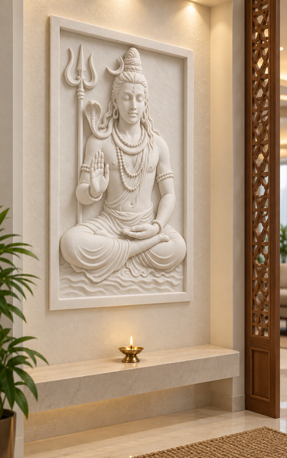 Shiva Serene Blessing Corian wall panel, 2.5 x 4 ft, left view in a Juhu apartment prayer alcove
