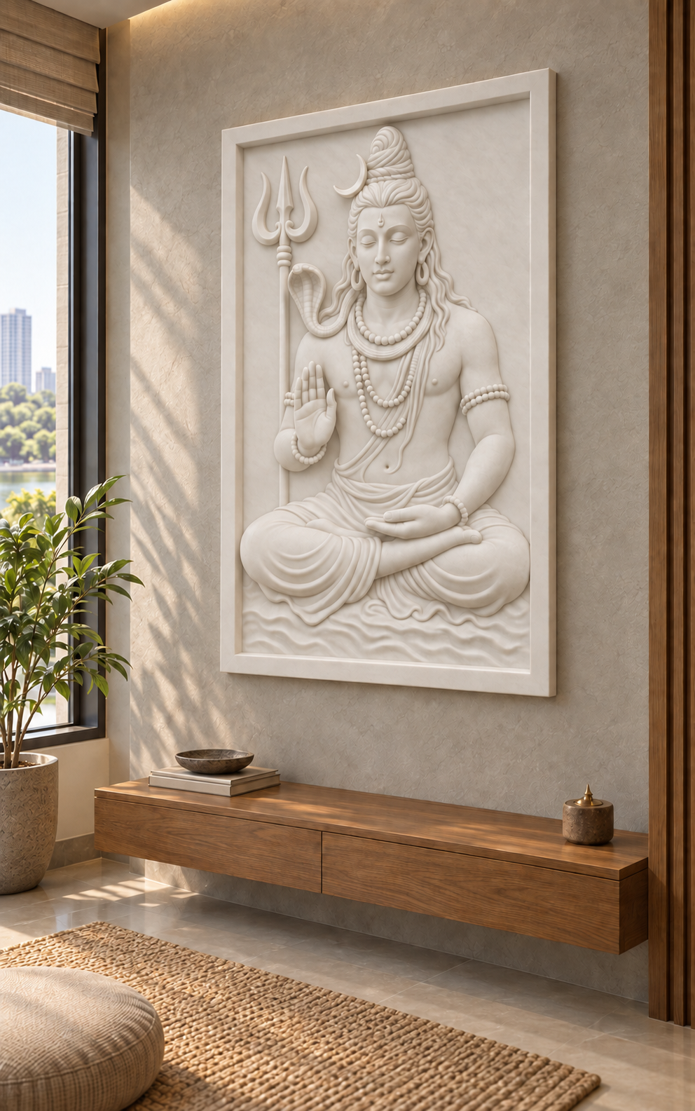 Shiva Serene Blessing Corian wall panel, 2.5 x 4 ft, right view in a Powai meditation corner