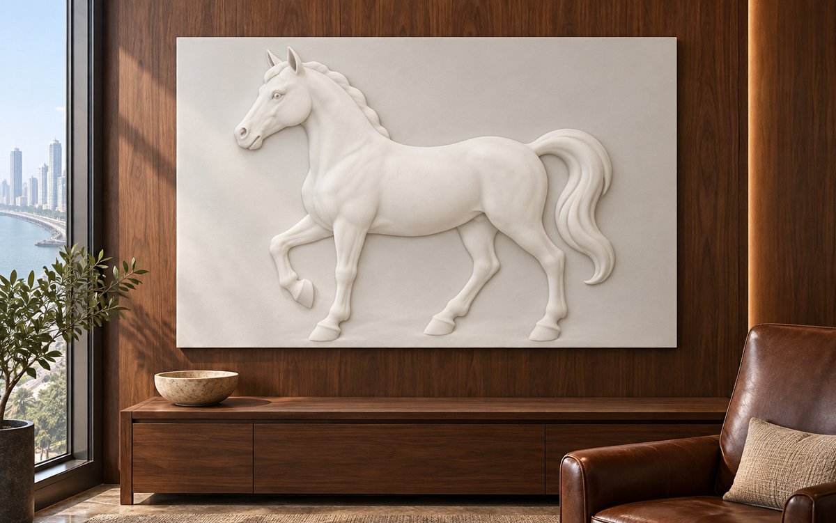 Poised Horse Silhouette Corian wall panel, 4 x 2.5 ft, front view in a Worli study lounge