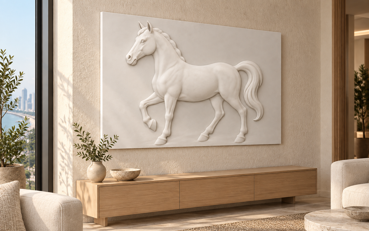 Poised Horse Silhouette Corian wall panel, 4 x 2.5 ft, left view in a Bandra living-room console wall