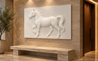 Poised Horse Silhouette Corian wall panel, 4 x 2.5 ft, right view in a Powai entry foyer