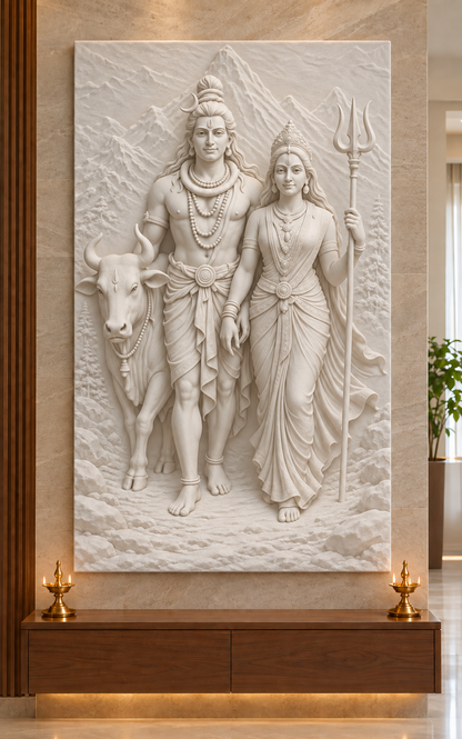 Shiva Parvati Mountain Walk Corian wall panel, 2.5 x 4 ft, front view in a Ghatkopar family mandir