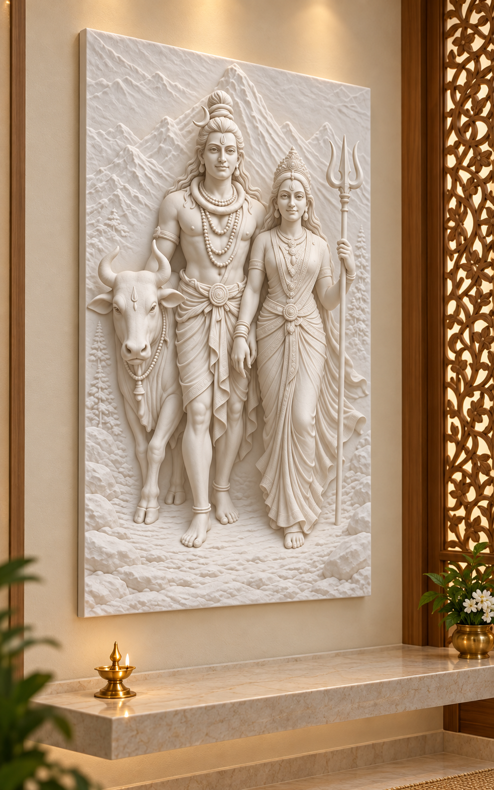 Shiva Parvati Mountain Walk Corian wall panel, 2.5 x 4 ft, left view in a Juhu pooja room