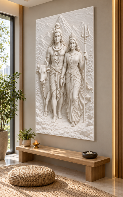 Shiva Parvati Mountain Walk Corian wall panel, 2.5 x 4 ft, right view in a Powai meditation alcove