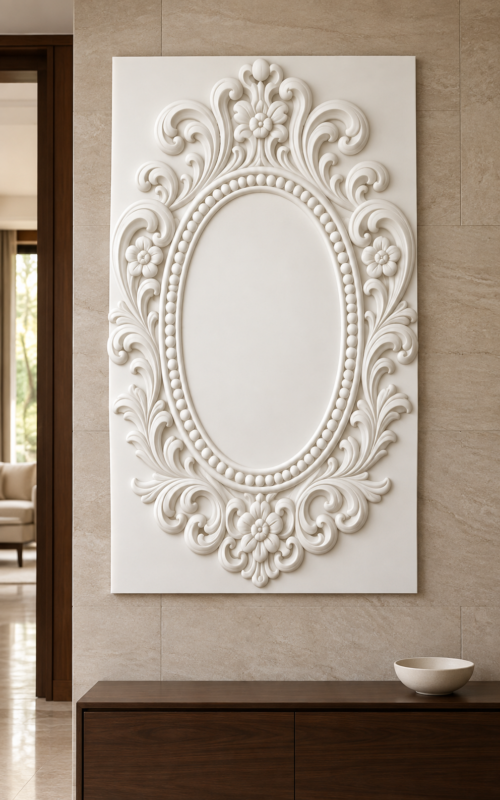 Floral Crown Oval Surround Corian wall panel, 2.5 x 4 ft, front view in a Malabar Hill entrance wall