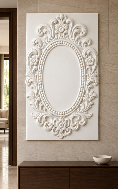 Floral Crown Oval Surround Corian wall panel, 2.5 x 4 ft, front view in a Malabar Hill entrance wall