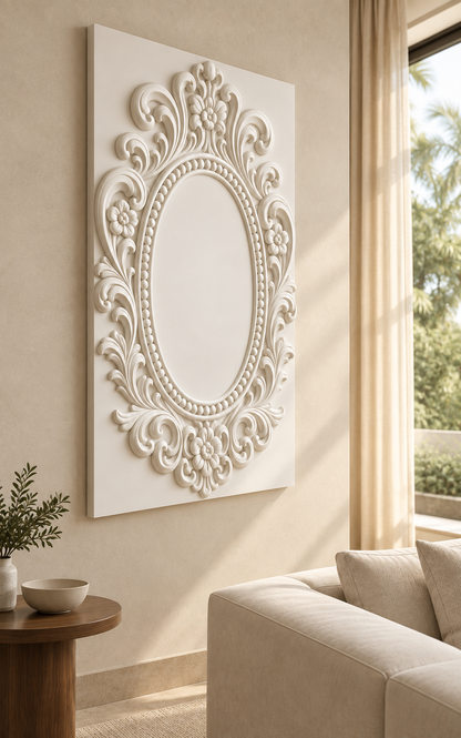 Floral Crown Oval Surround Corian wall panel, 2.5 x 4 ft, left view in a Bandra formal lounge