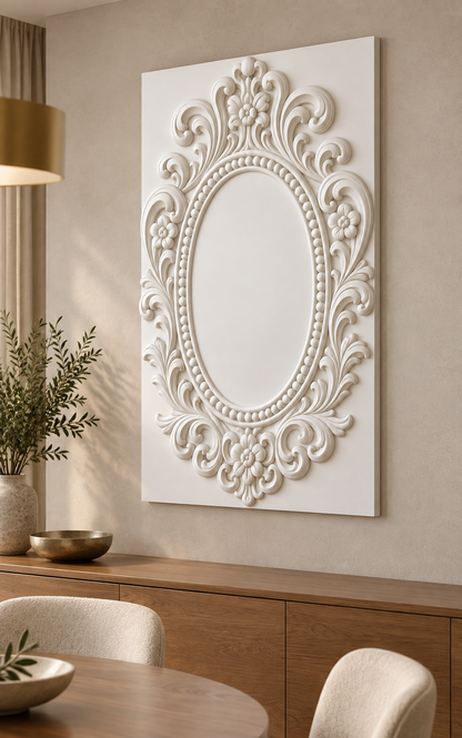 Floral Crown Oval Surround Corian wall panel, 2.5 x 4 ft, right view in a Powai dining room