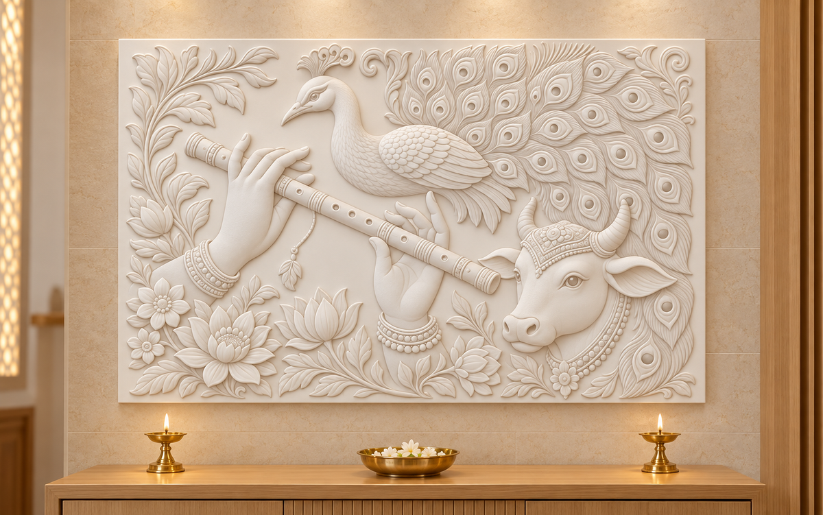 Flute Peacock Cow Garden Corian wall panel, 4 x 2.5 ft, front view in a Ghatkopar apartment pooja room
