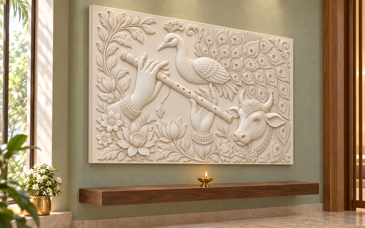 Flute Peacock Cow Garden Corian wall panel, 4 x 2.5 ft, left view in a Juhu family prayer alcove