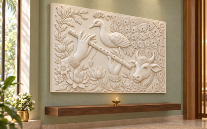 Flute Peacock Cow Garden Corian wall panel, 4 x 2.5 ft, left view in a Juhu family prayer alcove