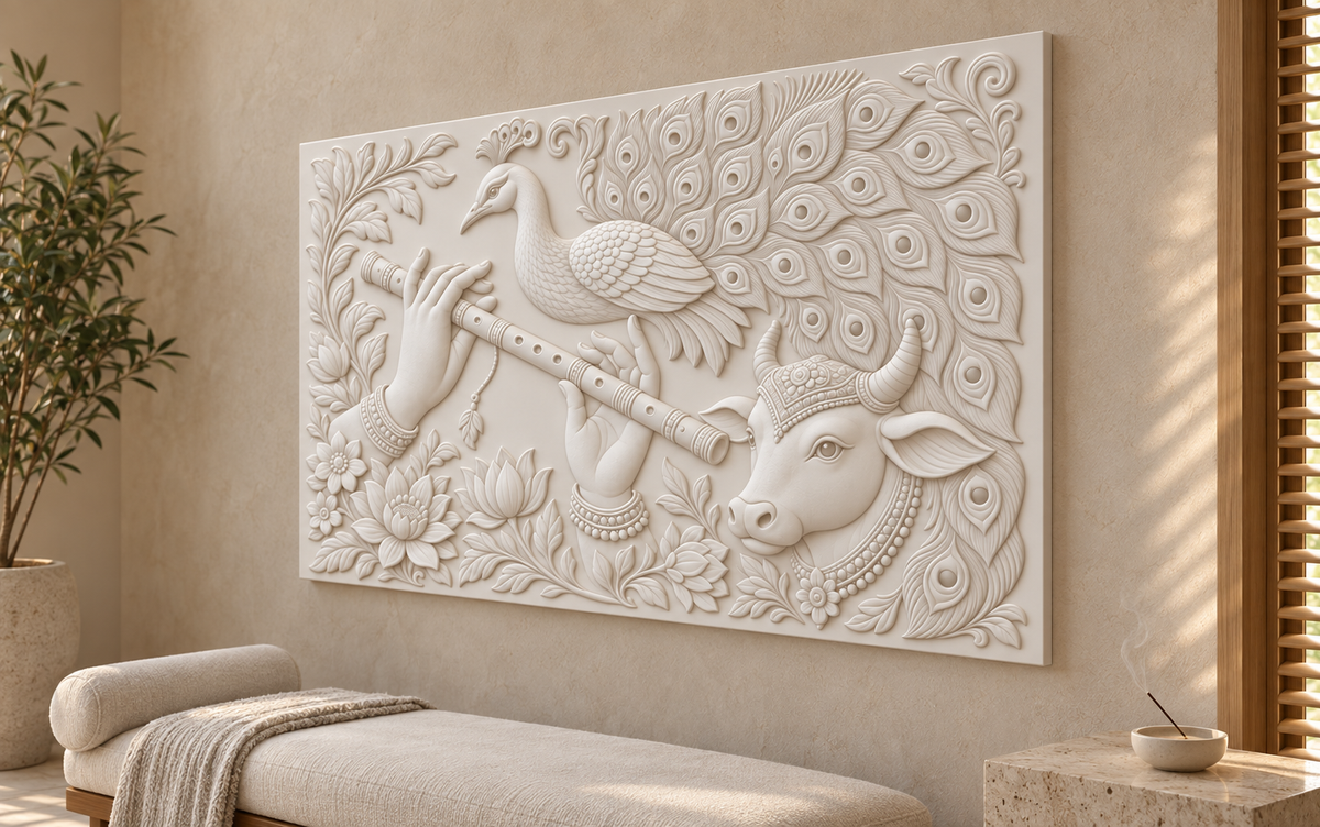 Flute Peacock Cow Garden Corian wall panel, 4 x 2.5 ft, right view in a Powai meditation room