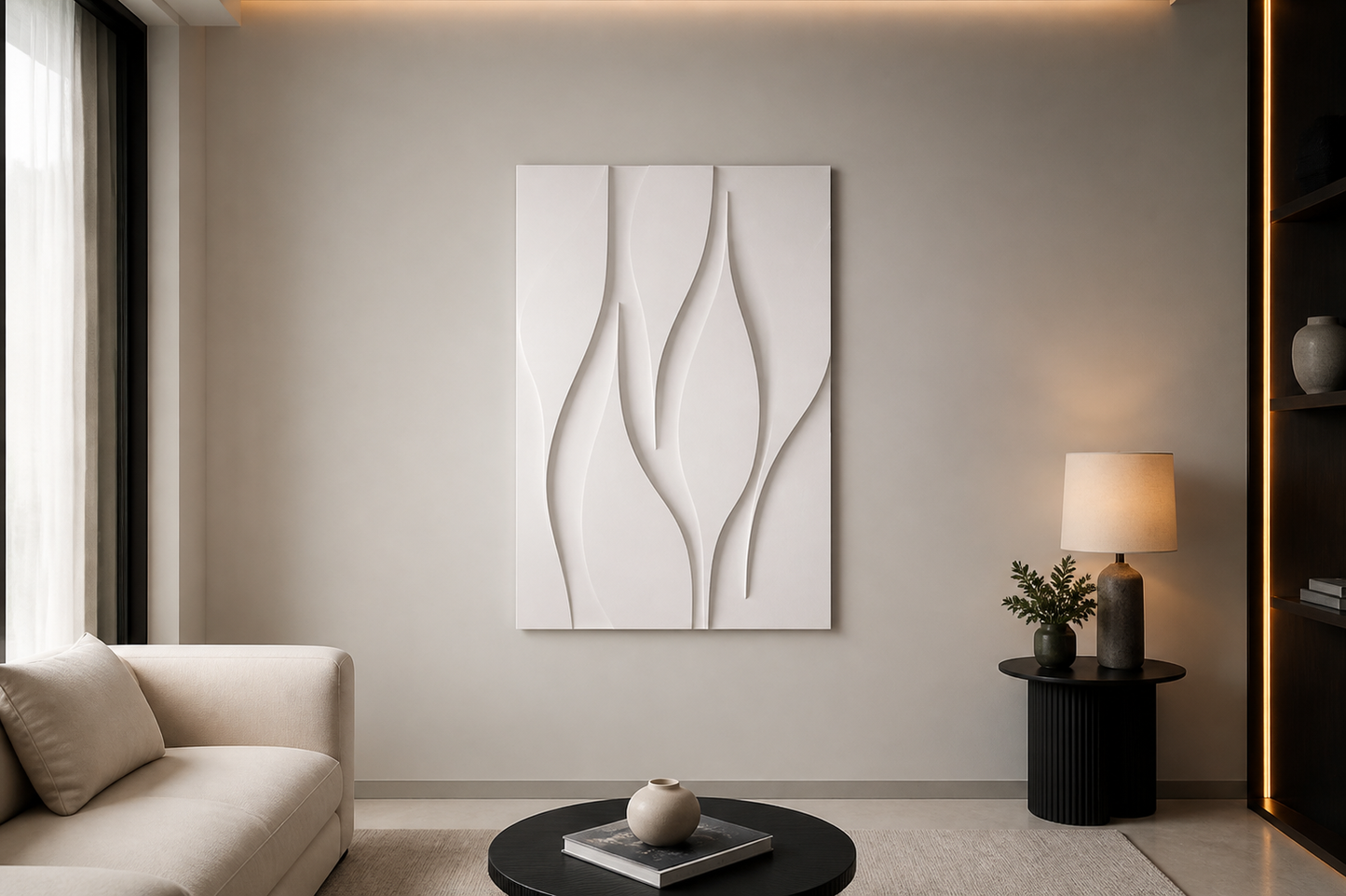 Monolith Sway white Corian wall panel front view in charcoal-and-ivory Mumbai compact lounge