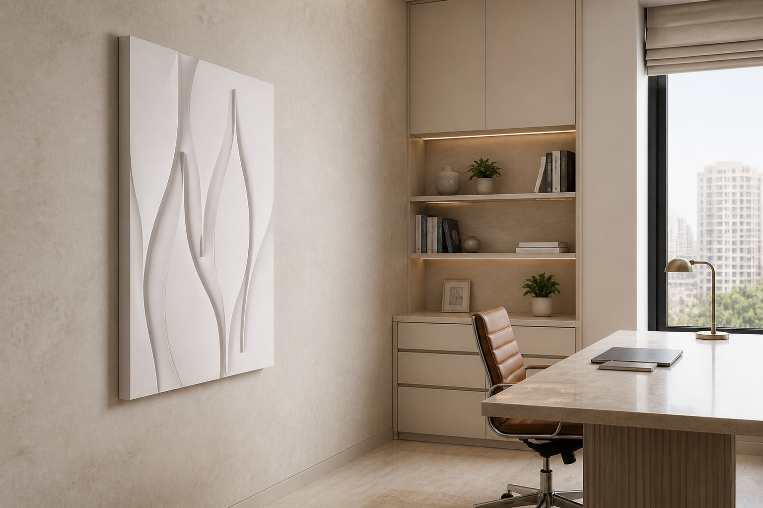 Monolith Sway white Corian wall panel left angle in pale-stone Mumbai executive study