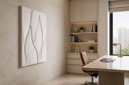 Monolith Sway white Corian wall panel left angle in pale-stone Mumbai executive study