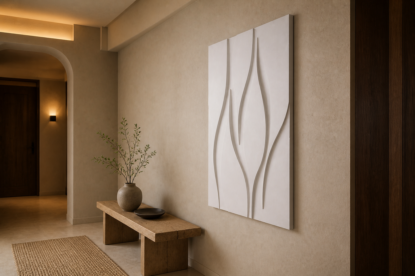 Monolith Sway white Corian wall panel right angle in warm-plaster Mumbai foyer