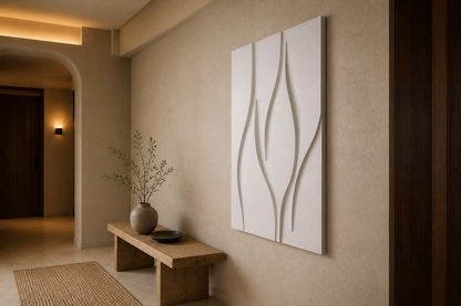 Monolith Sway white Corian wall panel right angle in warm-plaster Mumbai foyer