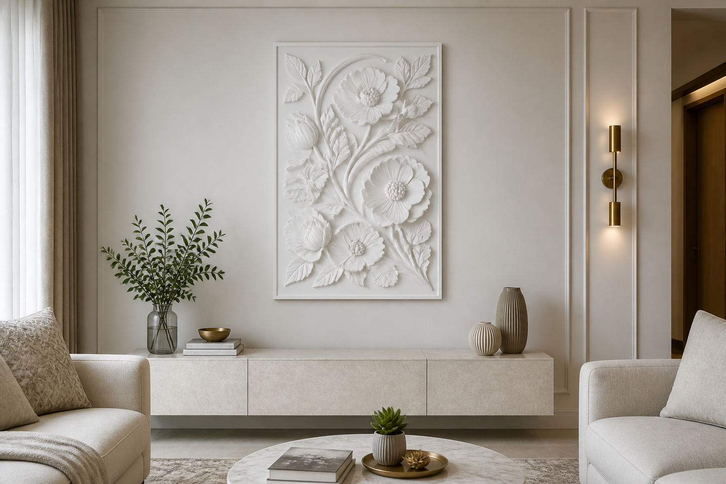 Garden Bouquet white Corian wall panel front view in ivory formal Mumbai living room