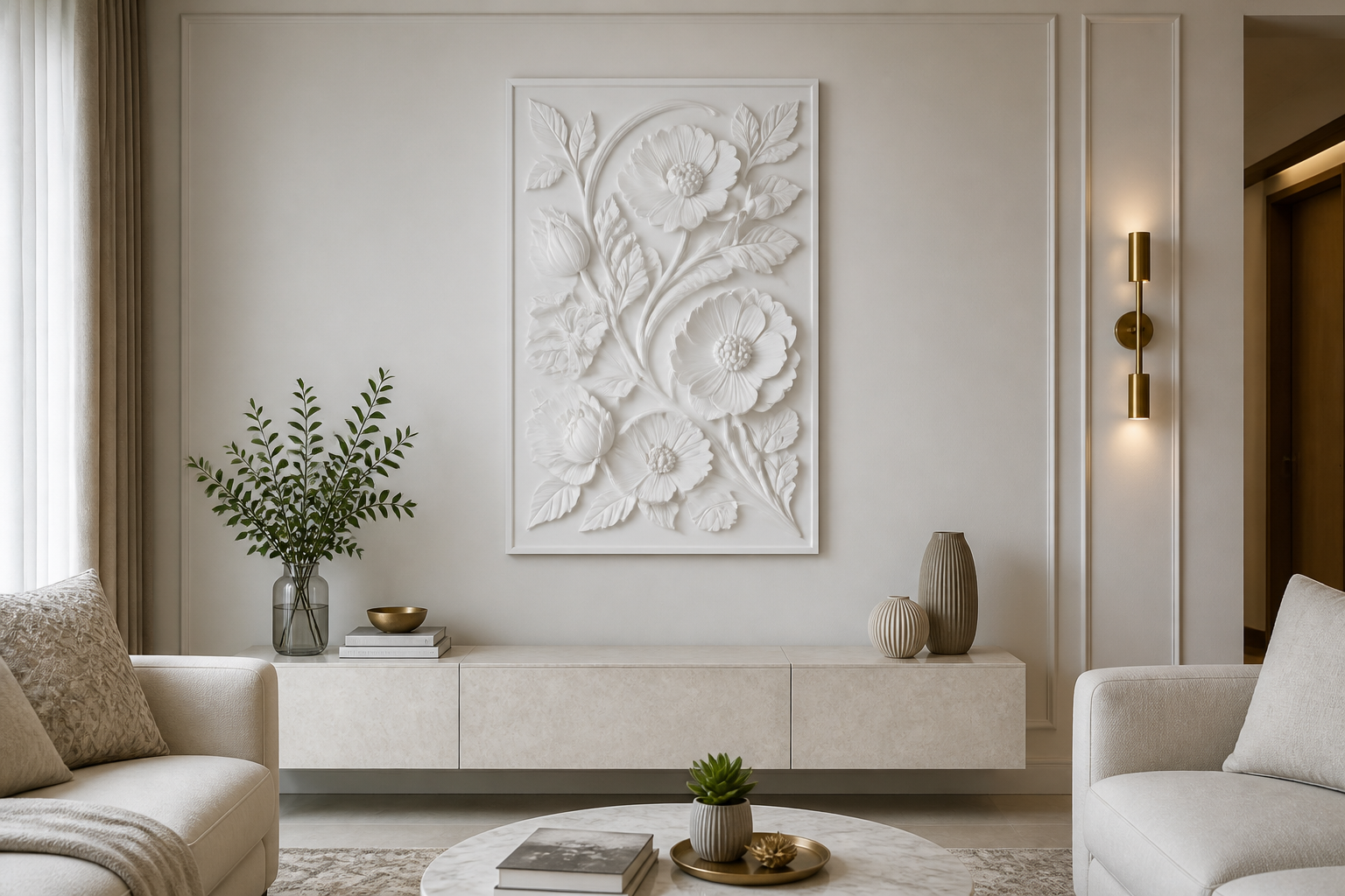 Garden Bouquet white Corian wall panel front view in ivory formal Mumbai living room