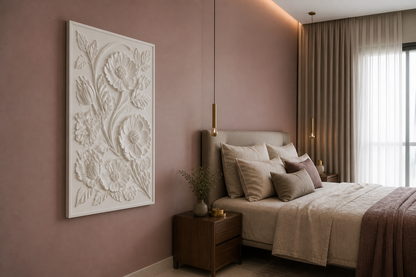 Garden Bouquet white Corian wall panel left angle in muted-rose and taupe Mumbai bedroom
