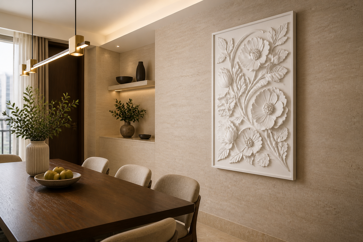 Garden Bouquet white Corian wall panel right angle in warm-travertine Mumbai dining room