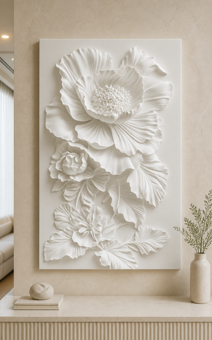 Ruffled Bloom Cascade white Corian wall panel front view in formal Mumbai living room with limestone-coloured console wall