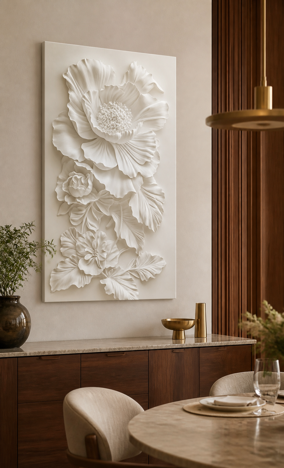 Ruffled Bloom Cascade white Corian wall panel left angle in luxury Mumbai dining nook with walnut joinery