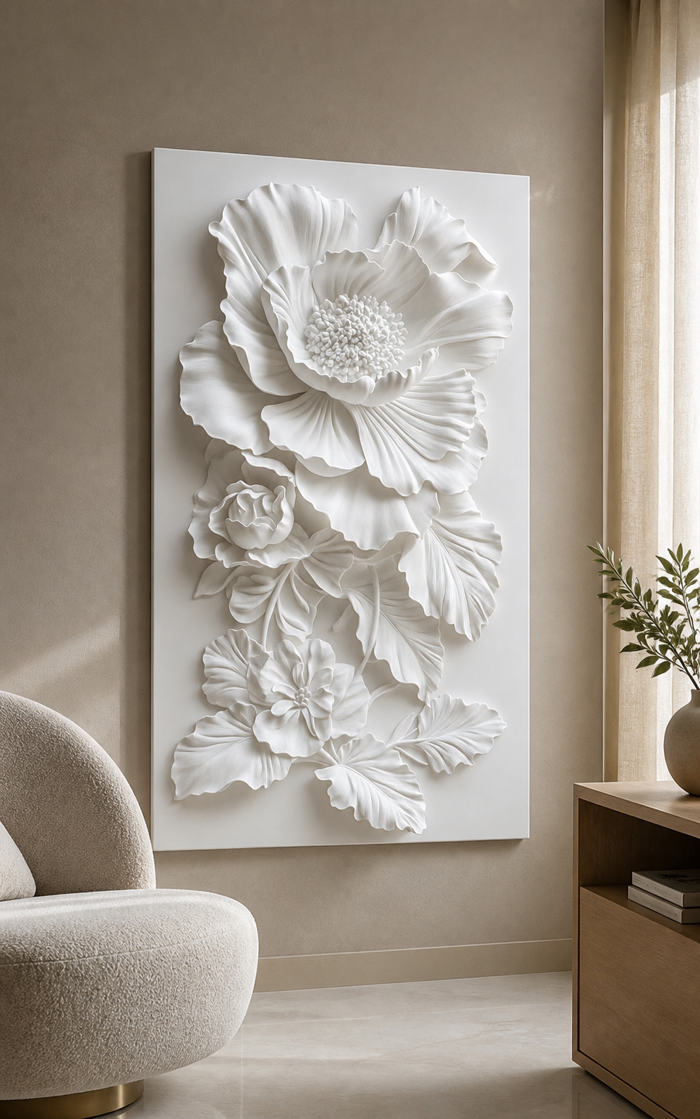 Ruffled Bloom Cascade white Corian wall panel right angle in Mumbai primary-bedroom reading corner with muted taupe wall
