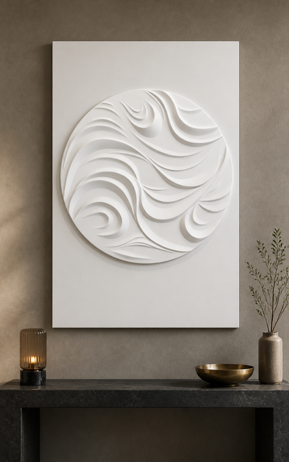 Circular Ribbon Drift white Corian wall panel front view in Mumbai foyer with dark-greige console wall