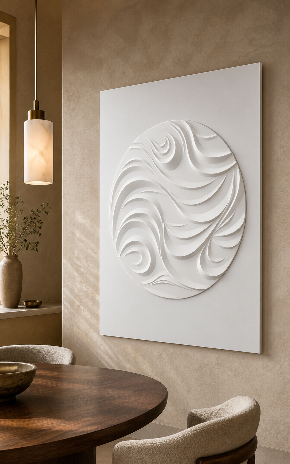 Circular Ribbon Drift white Corian wall panel left angle in compact luxury Mumbai dining niche with clay-toned walls