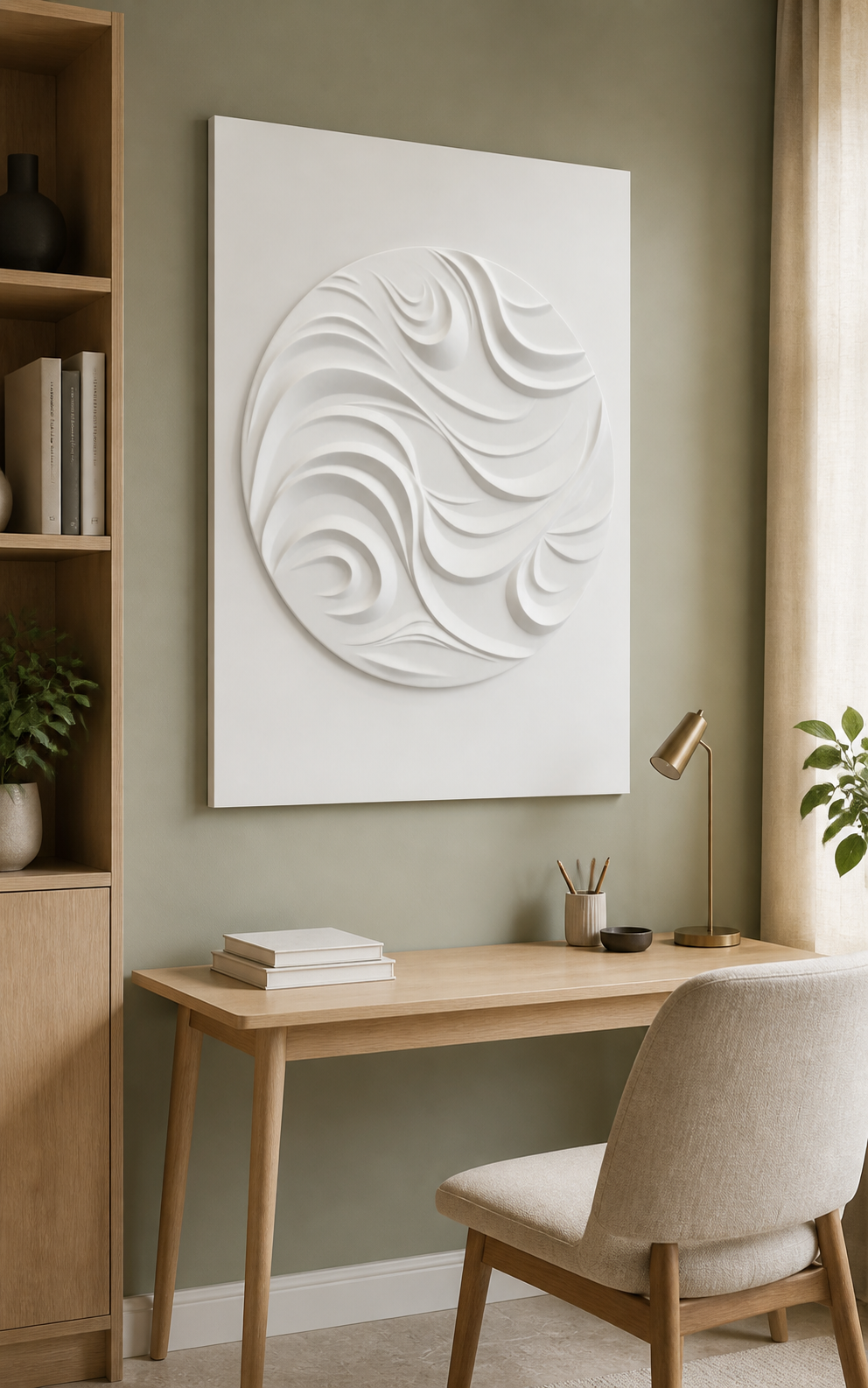 Circular Ribbon Drift white Corian wall panel right angle in contemporary Mumbai home study with soft sage wall