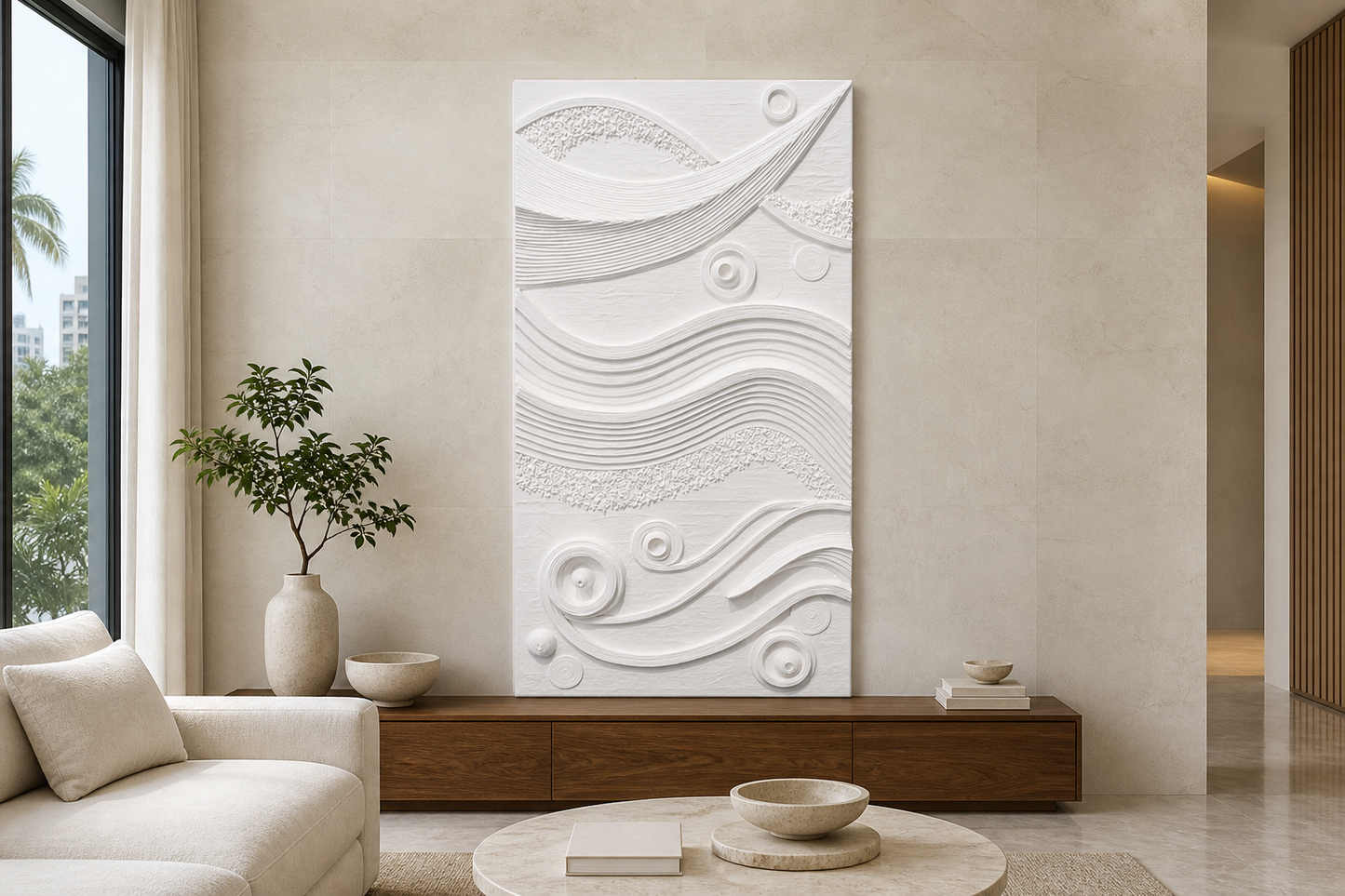 Strata and Orbits white Corian wall panel front view in luxury Mumbai living room with pale stone wall