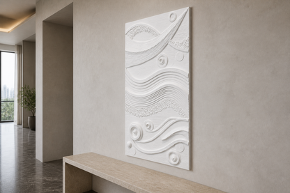 Strata and Orbits white Corian wall panel left angle in well-lit Mumbai apartment passage