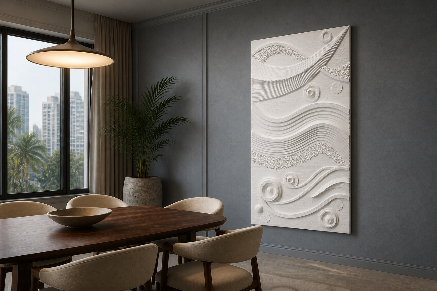 Strata and Orbits white Corian wall panel right angle in Mumbai dining room with walnut table and cream seating