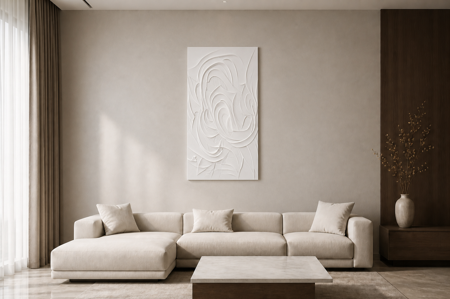 Folded Bloom Vortex white Corian wall panel front view in formal Mumbai 3BHK living room